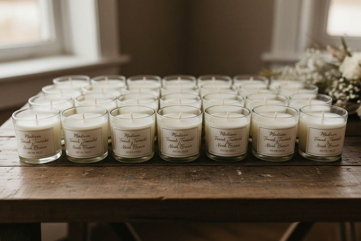 about 40 2 oz candles with names Madison Townsend and Noah Brown 09/29/2025