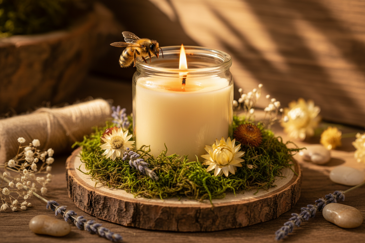 Organic looking scenry all natural candle in glass jay with a bee on it 